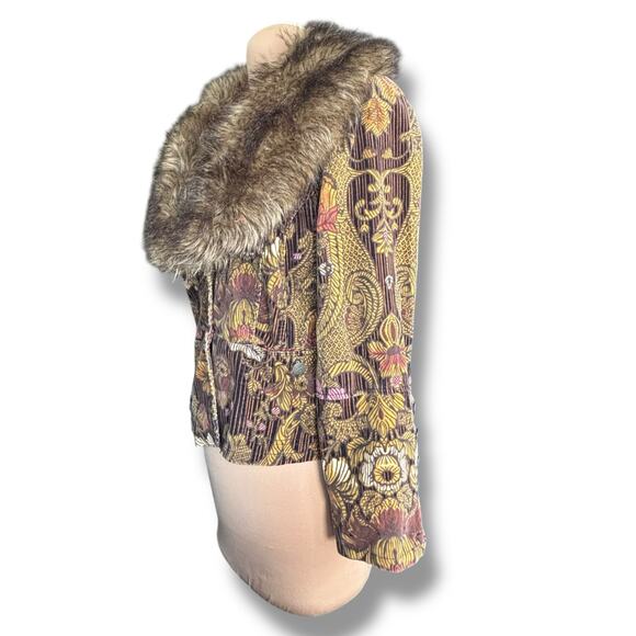 Vintage Faux Fur Trimmed Corduroy Floral Jacket Brown Boho Cropped Penny Lane - Picture 4 of 13